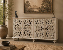Hand Carved Whitewash Wooden Sideboard Cabinet – Floral Mandala Storage Console | Rustic Buffet Cabinet for Living Room, Dining Room & Entryway