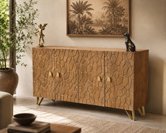 Modern Geometric Wooden Sideboard Cabinet – Solid Wood Storage Credenza with Gold Metal Legs | Contemporary Buffet Cabinet for Living Room & Dining Room