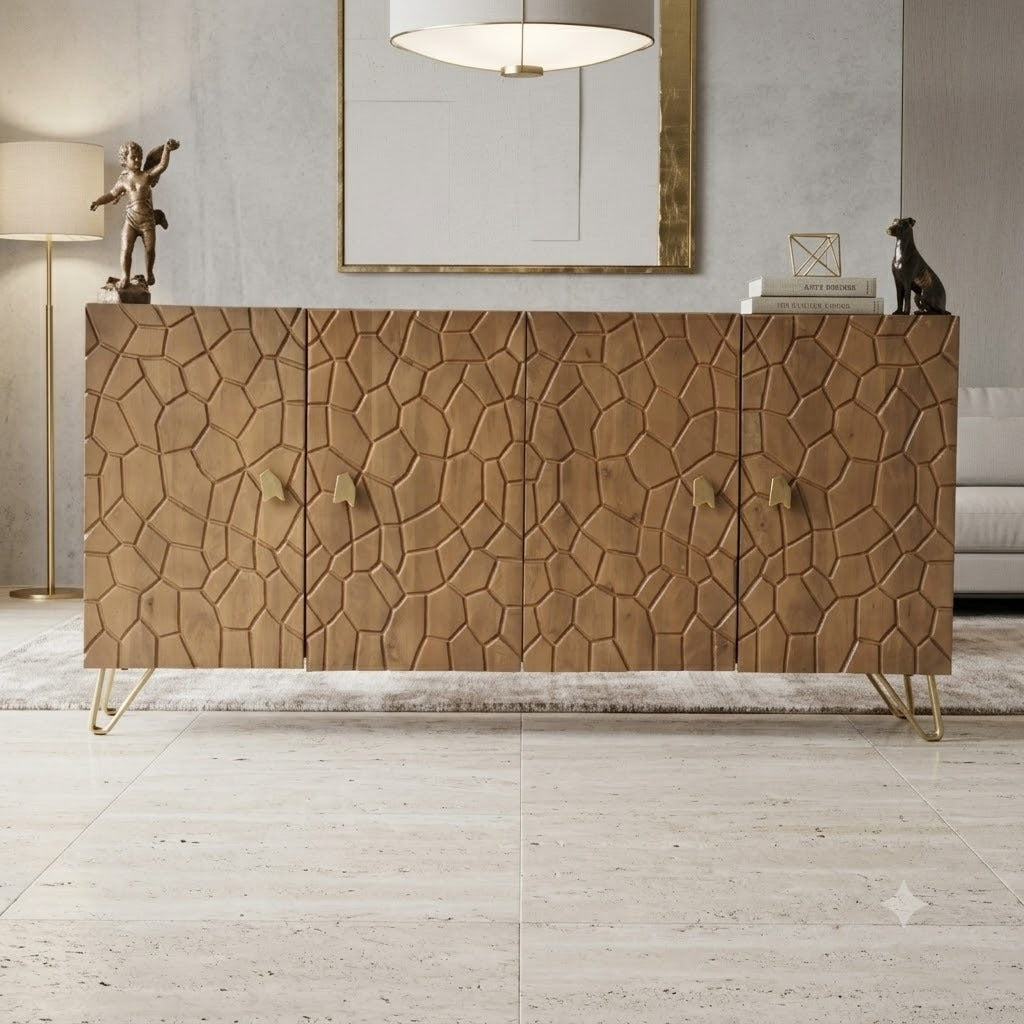 Modern Geometric Wooden Sideboard Cabinet – Solid Wood Storage Credenza with Gold Metal Legs | Contemporary Buffet Cabinet for Living Room & Dining Room