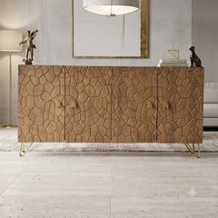 Modern Geometric Wooden Sideboard Cabinet – Solid Wood Storage Credenza with Gold Metal Legs | Contemporary Buffet Cabinet for Living Room & Dining Room