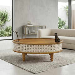 Round Wooden Coffee Table with Hand-Carved Whitewash Jali Design | Handmade Living Room Center Table | Rustic Boho Coffee Table