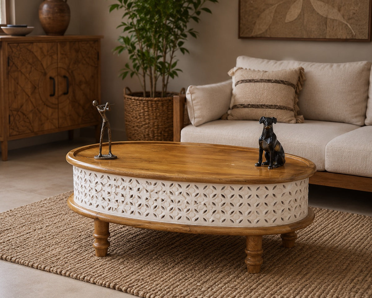 Round Wooden Coffee Table with Hand-Carved Whitewash Jali Design | Handmade Living Room Center Table | Rustic Boho Coffee Table
