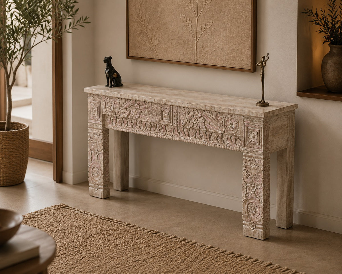 Hand-Carved Wooden Console Table | Whitewash Entryway Table | Handmade Rustic Sofa Table | Decorative Hallway & Foyer Furniture
