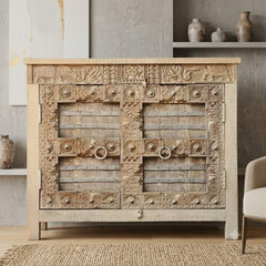Handcrafted Heritage Wooden Storage Cabinet with Carved & Metal Detailed Doors