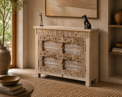 Handcrafted Heritage Wooden Storage Cabinet with Carved & Metal Detailed Doors