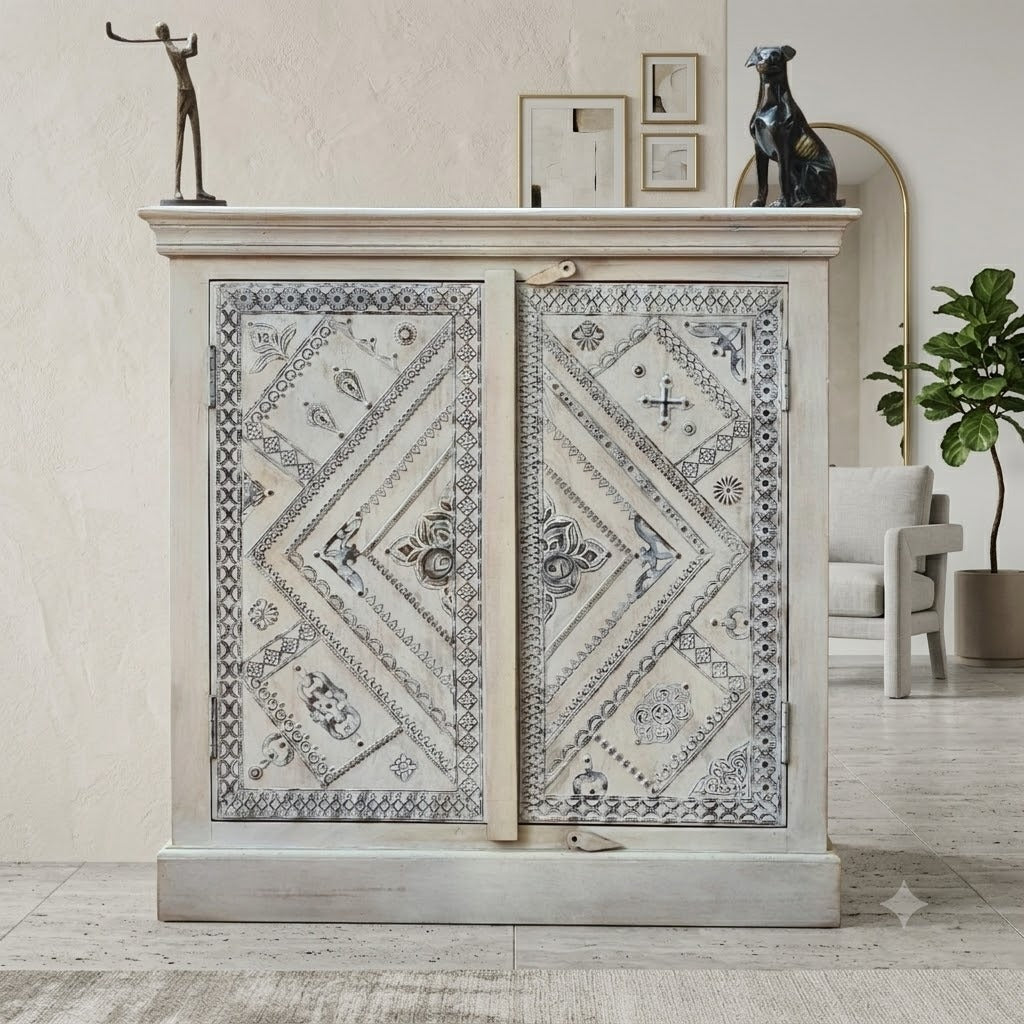 Handcrafted Whitewashed Wooden Cabinet | Vintage Painted Storage Cabinet with Traditional Folk Art Design | Rustic Accent Cabinet for Living Room, Bedroom & Entryway