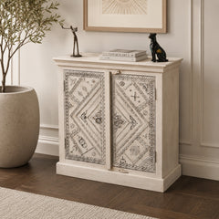 Handcrafted Whitewashed Wooden Cabinet | Vintage Painted Storage Cabinet with Traditional Folk Art Design | Rustic Accent Cabinet for Living Room, Bedroom & Entryway