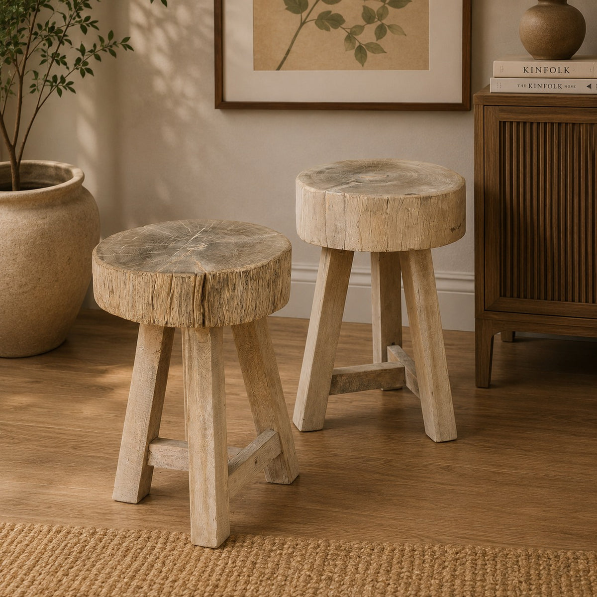 Rustic Solid Wood Round Stools (Set of 2) | Handcrafted Natural Wood Accent Seating