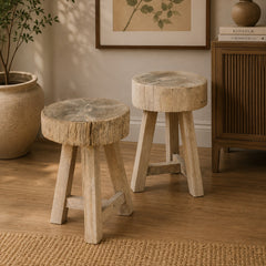 Rustic Solid Wood Round Stools (Set of 2) | Handcrafted Natural Wood Accent Seating