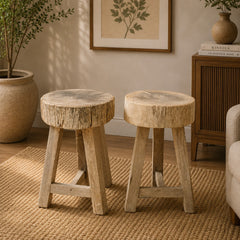 Rustic Solid Wood Round Stools (Set of 2) | Handcrafted Natural Wood Accent Seating