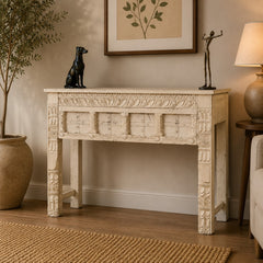 Hand-Carved Solid Wood Console Table with Whitewash Finish | Rustic Entryway Table | Decorative Hallway Sofa Table | Farmhouse Accent Furniture