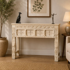 Hand-Carved Solid Wood Console Table with Whitewash Finish | Rustic Entryway Table | Decorative Hallway Sofa Table | Farmhouse Accent Furniture