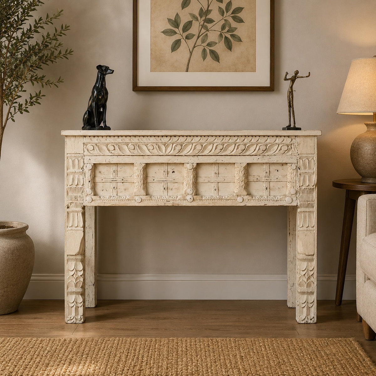 Hand-Carved Solid Wood Console Table with Whitewash Finish | Rustic Entryway Table | Decorative Hallway Sofa Table | Farmhouse Accent Furniture