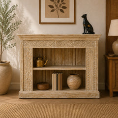 Handcrafted Whitewash Console Cabinet | Carved Wooden Bookshelf & Storage Unit | Rustic Farmhouse Display Cabinet for Living Room, Entryway & Dining Room