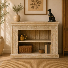 Handcrafted Whitewash Console Cabinet | Carved Wooden Bookshelf & Storage Unit | Rustic Farmhouse Display Cabinet for Living Room, Entryway & Dining Room
