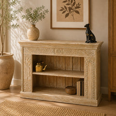 Handcrafted Whitewash Console Cabinet | Carved Wooden Bookshelf & Storage Unit | Rustic Farmhouse Display Cabinet for Living Room, Entryway & Dining Room