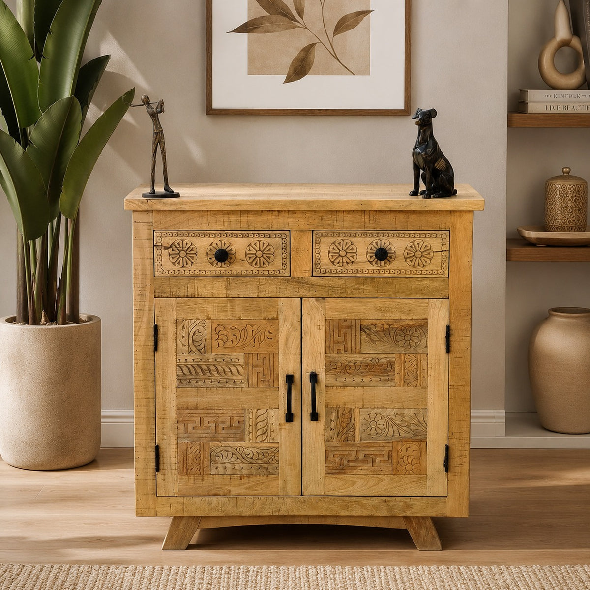 Handcrafted Mango Wood Cabinet | Rustic Carved Storage Cabinet with Patchwork Door Design & Drawers | Wooden Accent Cabinet for Living Room, Bedroom & Entryway