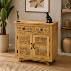 Handcrafted Mango Wood Cabinet | Rustic Carved Storage Cabinet with Patchwork Door Design & Drawers | Wooden Accent Cabinet for Living Room, Bedroom & Entryway