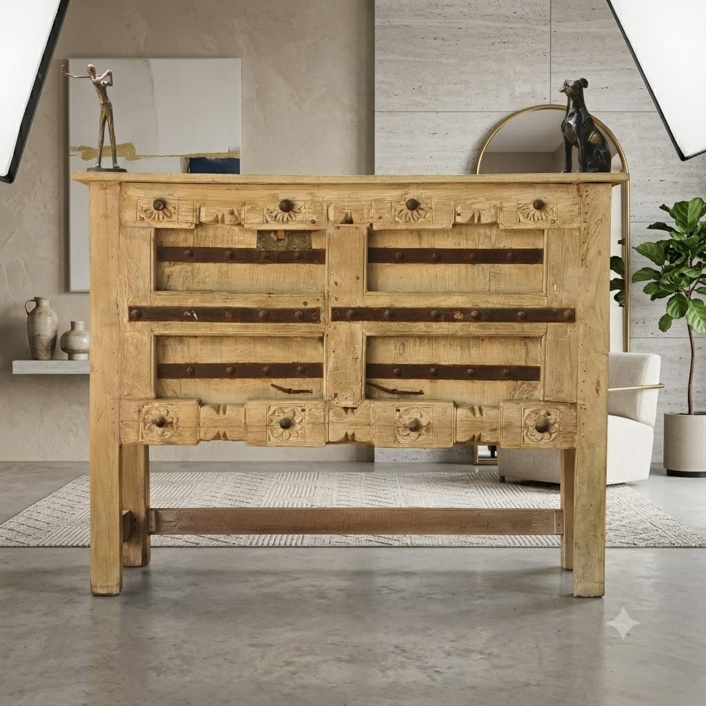 Solid Wood Console Table with Iron Strap Detailing | Rustic Entryway Table | Farmhouse Hallway Console | Handcrafted Accent Furniture