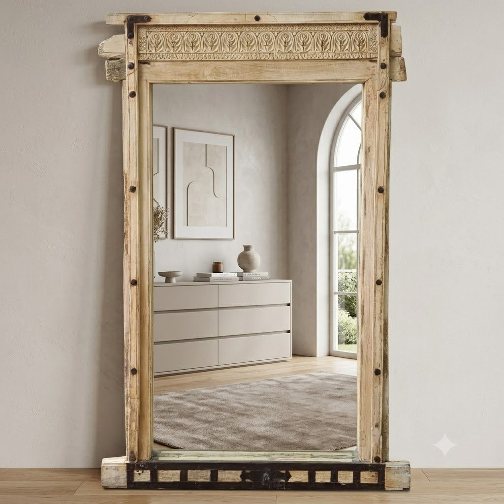 Full Length Reclaimed Wood Mirror | Rustic Floor Standing Mirror | Handmade Wooden Mirror Frame with Iron Details | Farmhouse Bedroom & Entryway Decor