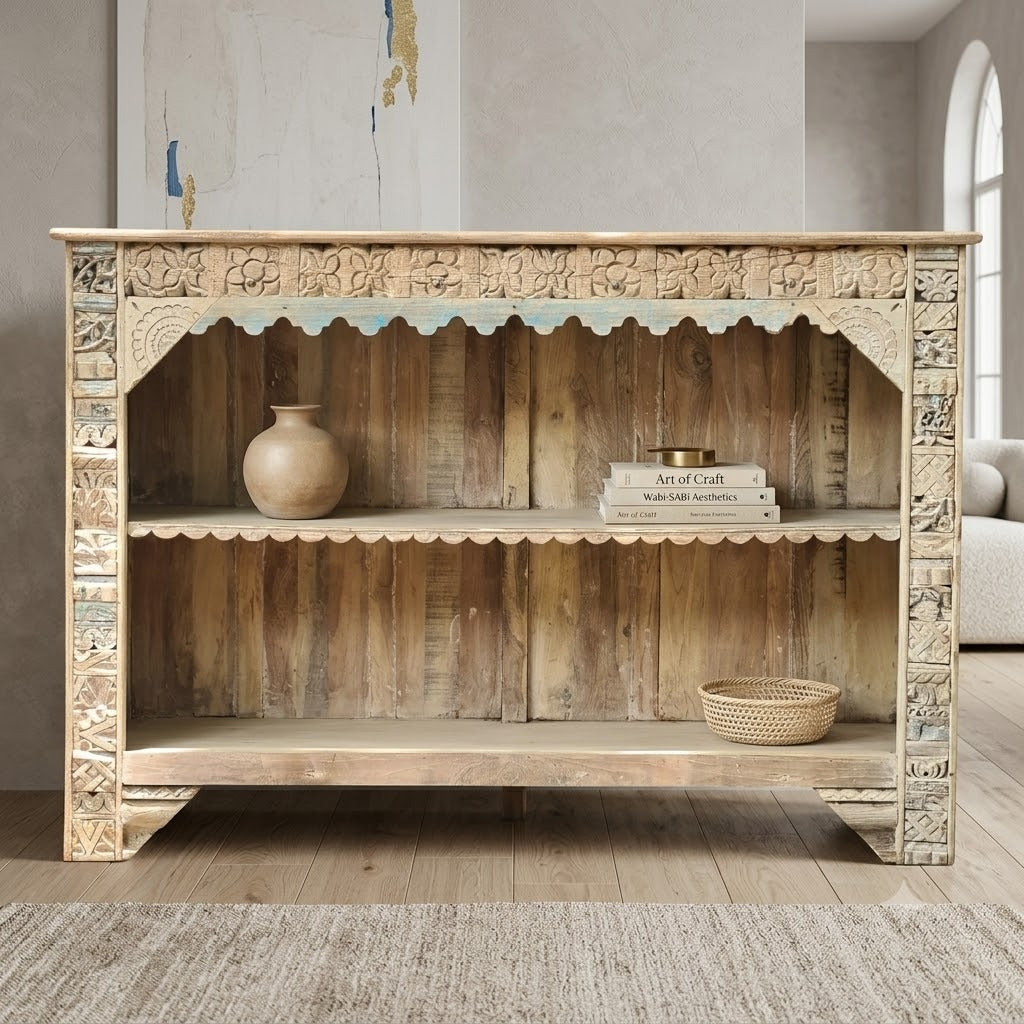 Hand-Carved Wooden Display Shelf | Rustic Open Bookcase & Storage Unit