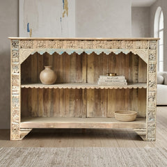 Hand-Carved Wooden Display Shelf | Rustic Open Bookcase & Storage Unit