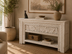 Vintage Hand-Carved Peacock Console Table | Solid Wood Whitewash Entryway Table with Storage Shelf