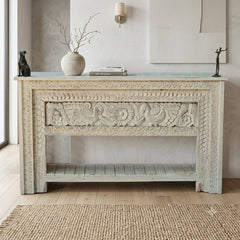 Vintage Hand-Carved Peacock Console Table | Solid Wood Whitewash Entryway Table with Storage Shelf