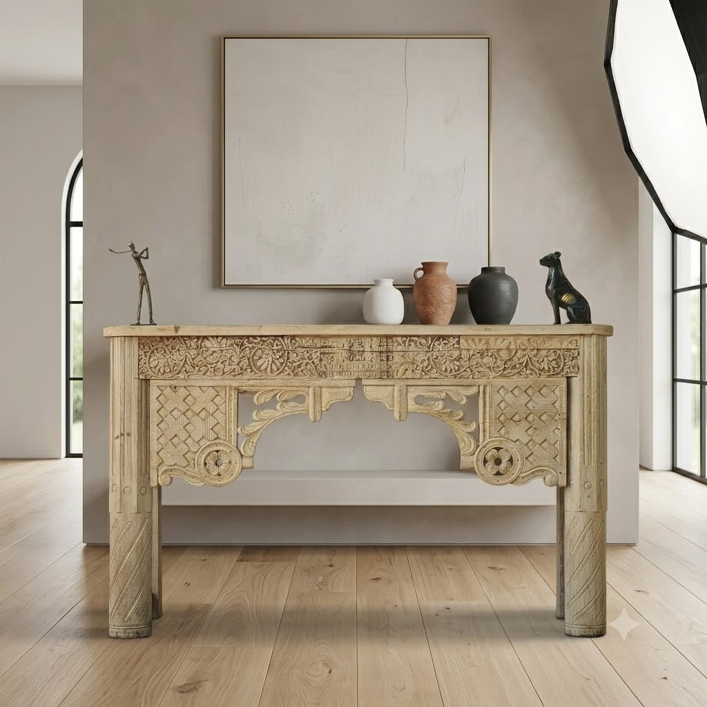 Hand-Carved Solid Wood Console Table with Floral & Architectural Motifs | Rustic Whitewash Entryway, Hallway & Living Room Accent Table