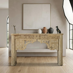 Hand-Carved Solid Wood Console Table with Floral & Architectural Motifs | Rustic Whitewash Entryway, Hallway & Living Room Accent Table