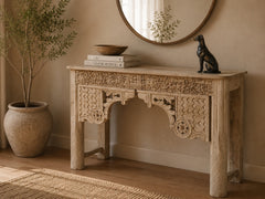 Hand-Carved Solid Wood Console Table with Floral & Architectural Motifs | Rustic Whitewash Entryway, Hallway & Living Room Accent Table