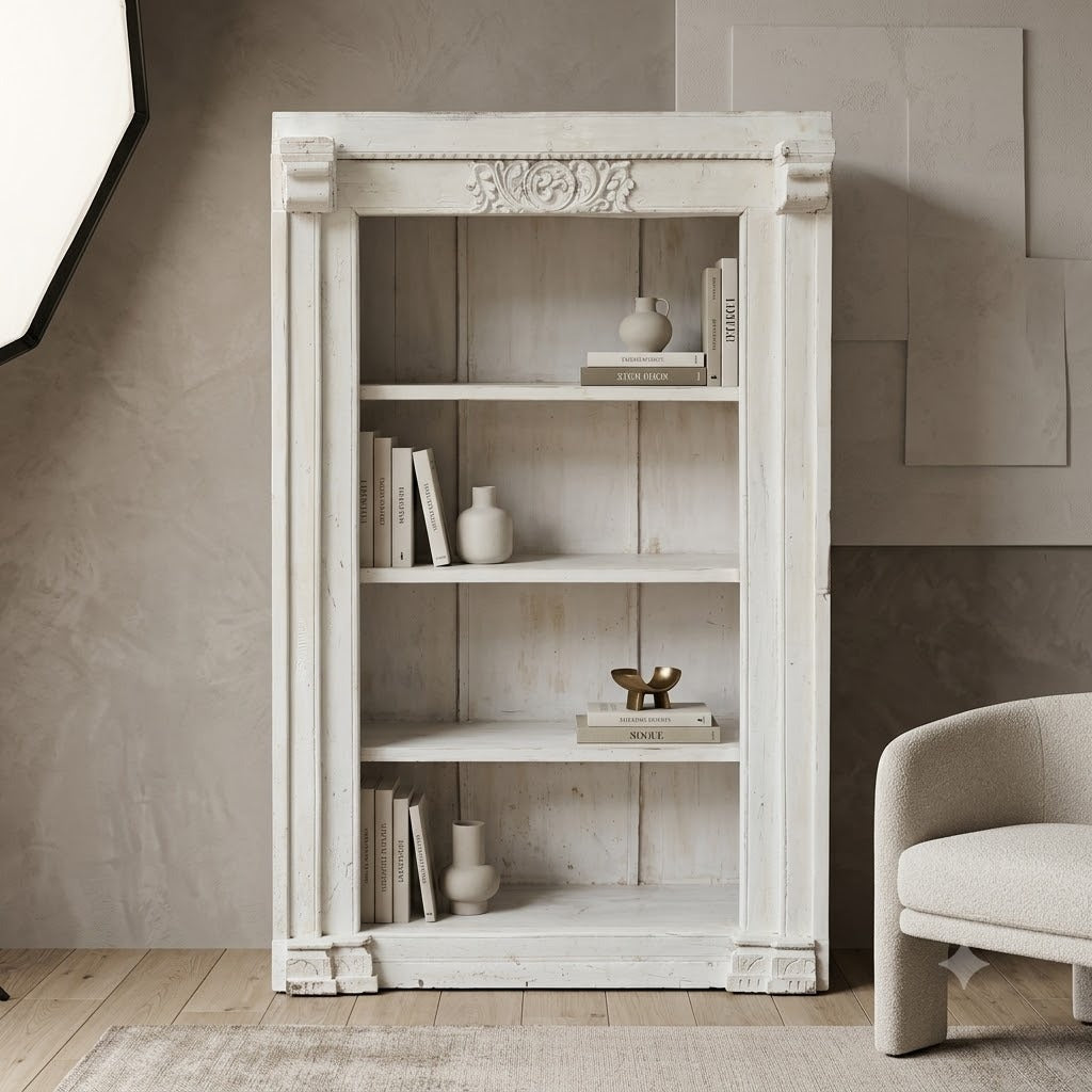 Vintage Whitewash Solid Wood Bookshelf | Open Display Bookcase with Architectural Columns & Hand-Carved Details