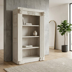Vintage Whitewash Solid Wood Bookshelf | Open Display Bookcase with Architectural Columns & Hand-Carved Details