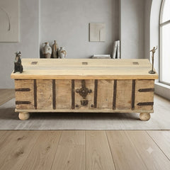 HHandcrafted Vintage Wooden Storage Trunk Coffee Table with Iron Hardware | Rustic Heritage Chest Table for Living Room