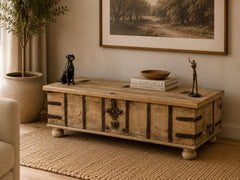 HHandcrafted Vintage Wooden Storage Trunk Coffee Table with Iron Hardware | Rustic Heritage Chest Table for Living Room