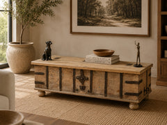 HHandcrafted Vintage Wooden Storage Trunk Coffee Table with Iron Hardware | Rustic Heritage Chest Table for Living Room