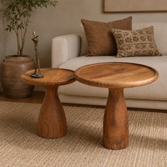 Handcrafted Solid Wood Pedestal Side Table Set of 2 | Round Rustic Accent Tables for Living Room, Bedroom & Lounge