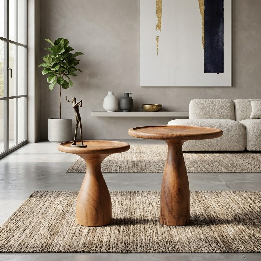 Handcrafted Solid Wood Pedestal Side Table Set of 2 | Round Rustic Accent Tables for Living Room, Bedroom & Lounge
