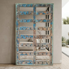 Handcrafted Reclaimed Wood Window Panel Mirror with Distressed Turquoise Finish | Rustic Statement Wall & Leaning Mirror