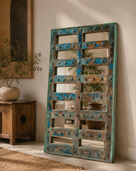 Handcrafted Reclaimed Wood Window Panel Mirror with Distressed Turquoise Finish | Rustic Statement Wall & Leaning Mirror