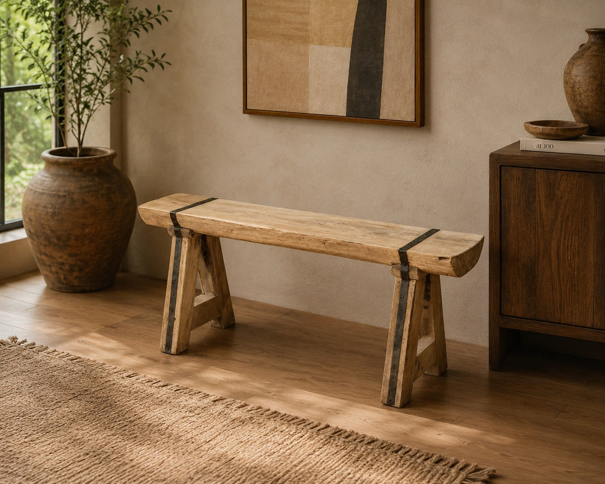 Handcrafted Rustic Solid Wood Bench with Iron Reinforcement Straps | Farmhouse Dining, Entryway & Accent Seating Bench