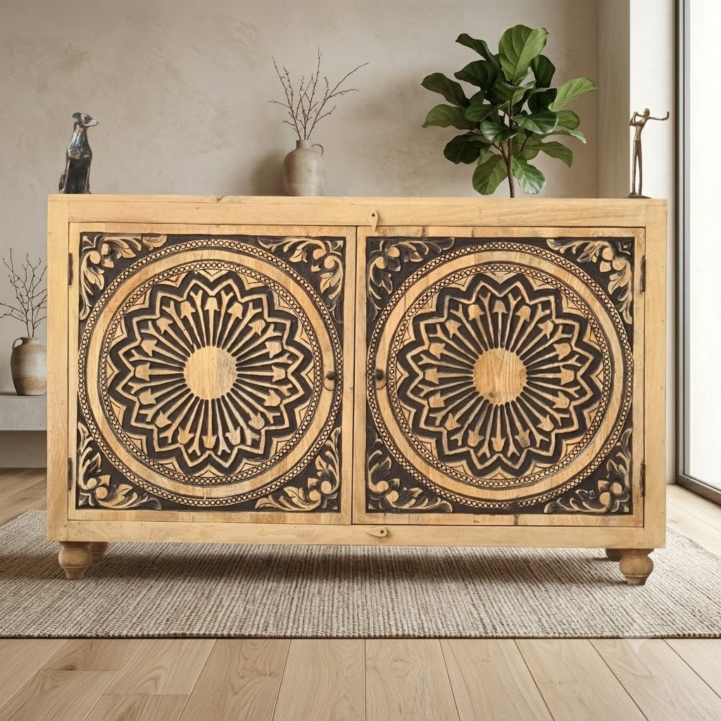 Handcrafted Solid Wood Sideboard Cabinet with Mandala Carved Doors | Rustic Storage Cabinet for Living Room, Dining Room & Entryway