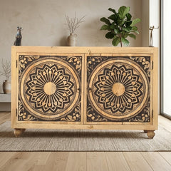 Handcrafted Solid Wood Sideboard Cabinet with Mandala Carved Doors | Rustic Storage Cabinet for Living Room, Dining Room & Entryway