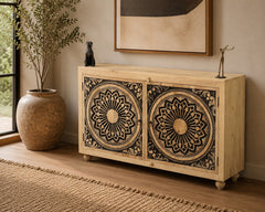 Handcrafted Solid Wood Sideboard Cabinet with Mandala Carved Doors | Rustic Storage Cabinet for Living Room, Dining Room & Entryway