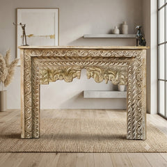Handcrafted Solid Wood Console Table with Intricate Floral Carving | Rustic Entryway, Hallway & Living Room Accent Table