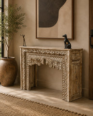 Handcrafted Solid Wood Console Table with Intricate Floral Carving | Rustic Entryway, Hallway & Living Room Accent Table