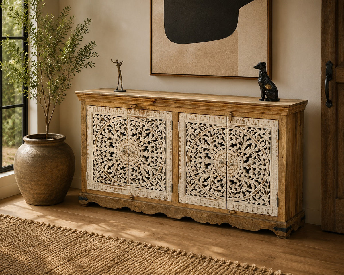 Handcrafted Solid Wood Sideboard Cabinet with Intricate Mandala Carved Doors | Rustic Storage Cabinet for Living Room, Dining Room & Entryway