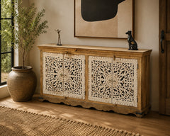Handcrafted Solid Wood Sideboard Cabinet with Intricate Mandala Carved Doors | Rustic Storage Cabinet for Living Room, Dining Room & Entryway
