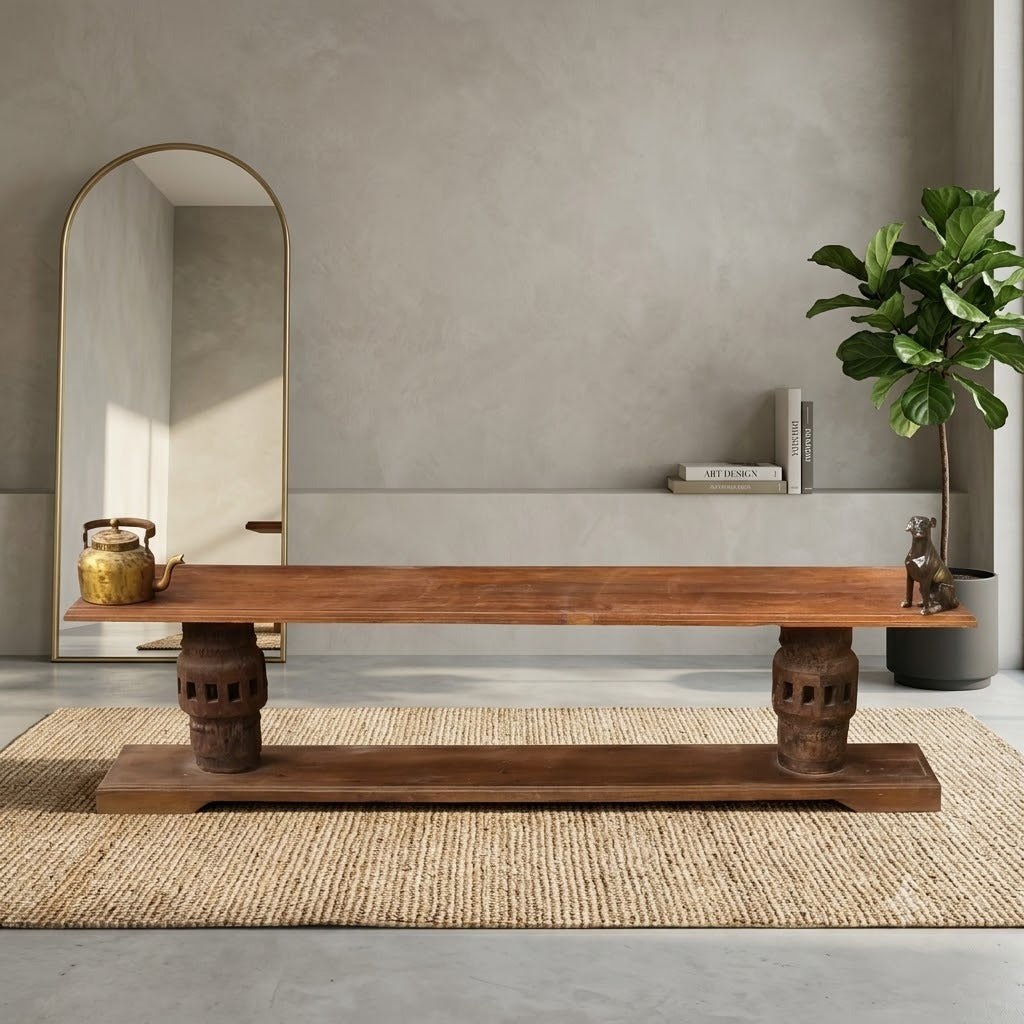 Handcrafted Solid Wood Coffee Table with Vintage Architectural Pillar Base | Rustic Living Room Center Table