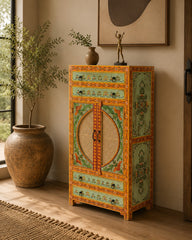 Hand-Painted Solid Wood Armoire Cabinet with Cane Doors and Floral Artwork | Rustic Storage Wardrobe for Bedroom, Living Room & Entryway
